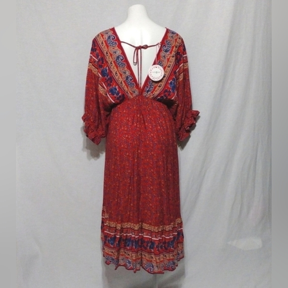 Umgee Boho Floral Hi-Low Maxi Dress L Plunging V-Neck V-back Flowy Festival Chic - Picture 12 of 14